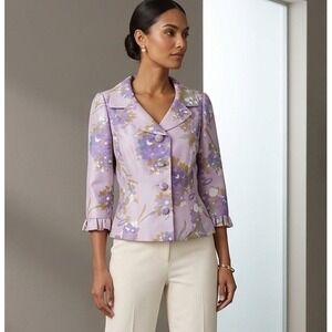 Vtg MAGGY LONDON 6‎ Lavender Floral 100% Silk Blazer Jacket Ruffle Feminine Chic